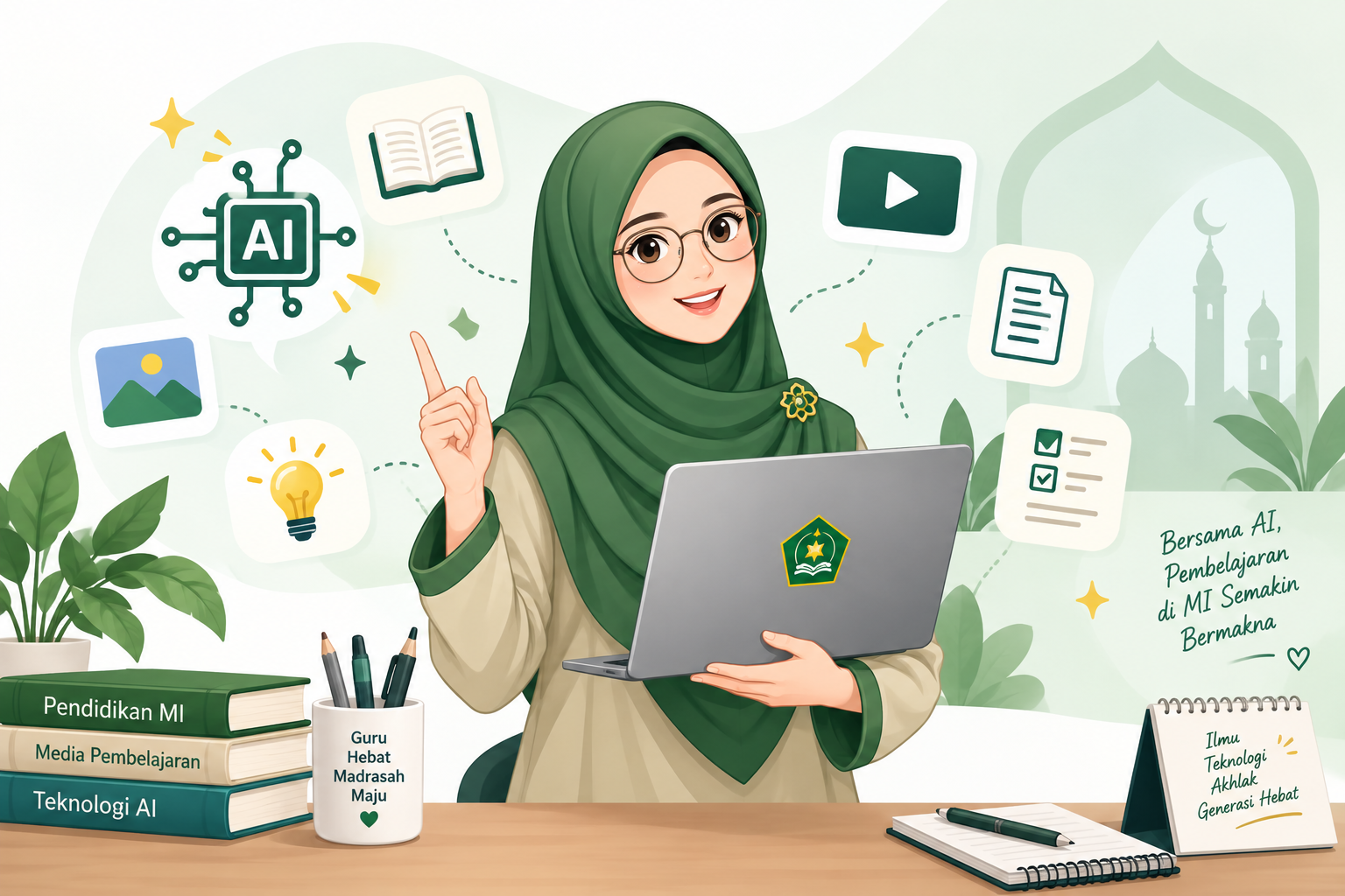 Ilustrasi guru menggunakan AI untuk mengembangkan media pembelajaran